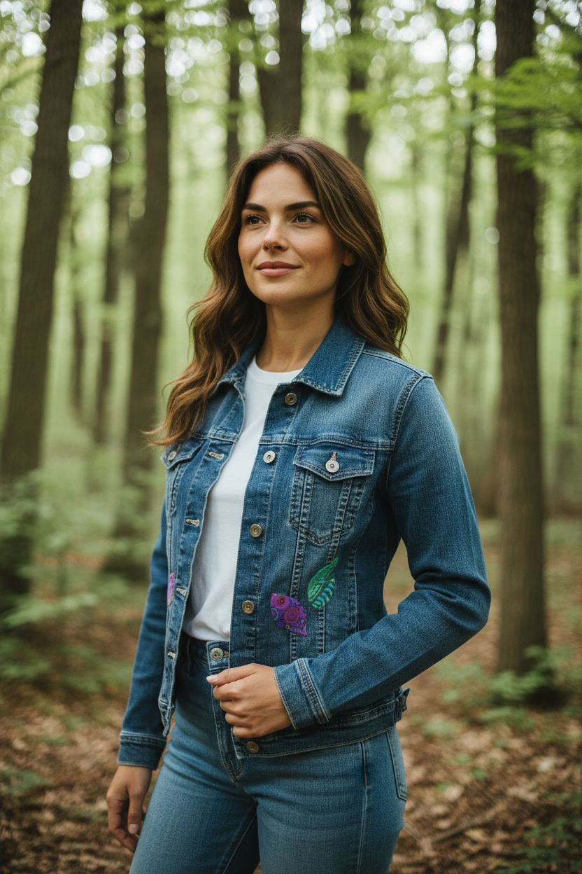 Upcycled Denim Jacket Size Med with Hand Applique Leaves