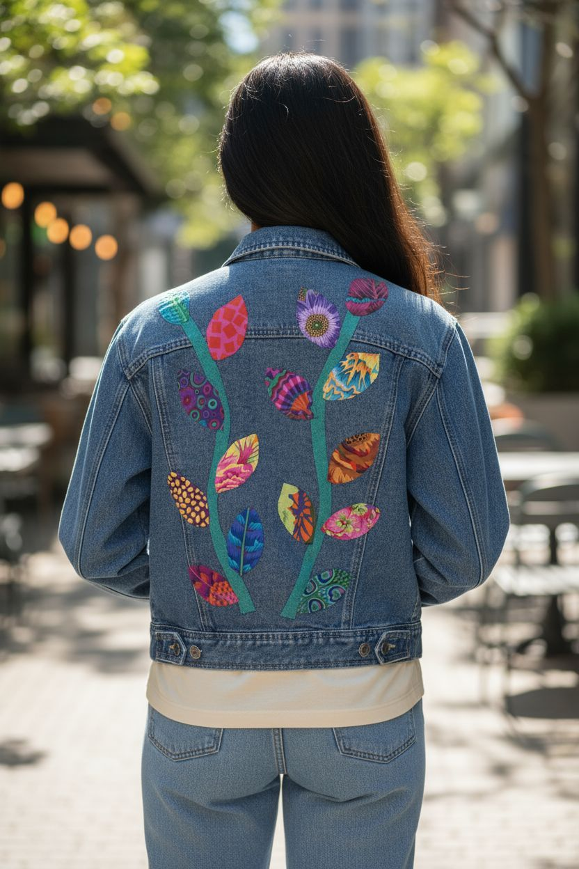 Upcycled Denim Jacket with Designer Leaf Applique Size Medium