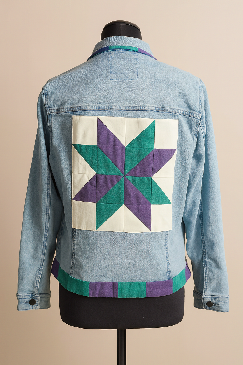 Upcycled Denim Jacket with Lemoyne Star Applique Size 16/18