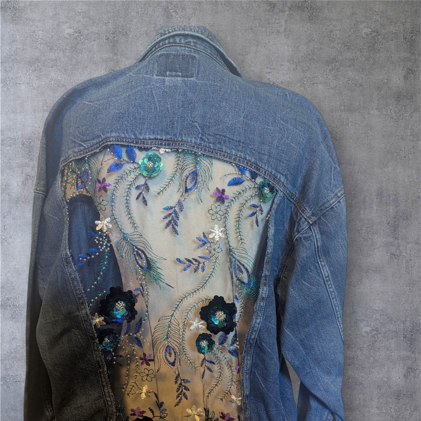 Upcycled Denim Jacket with Sheer sequin panels Size Med