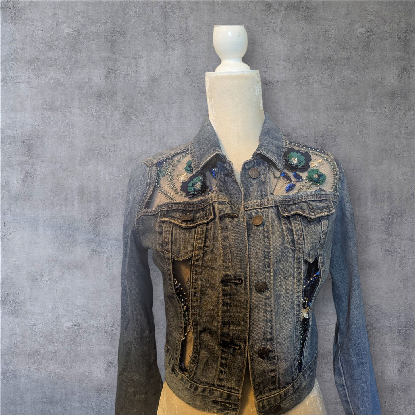 Upcycled Denim Jacket with Blue Sequin Sheer Panels Size XS