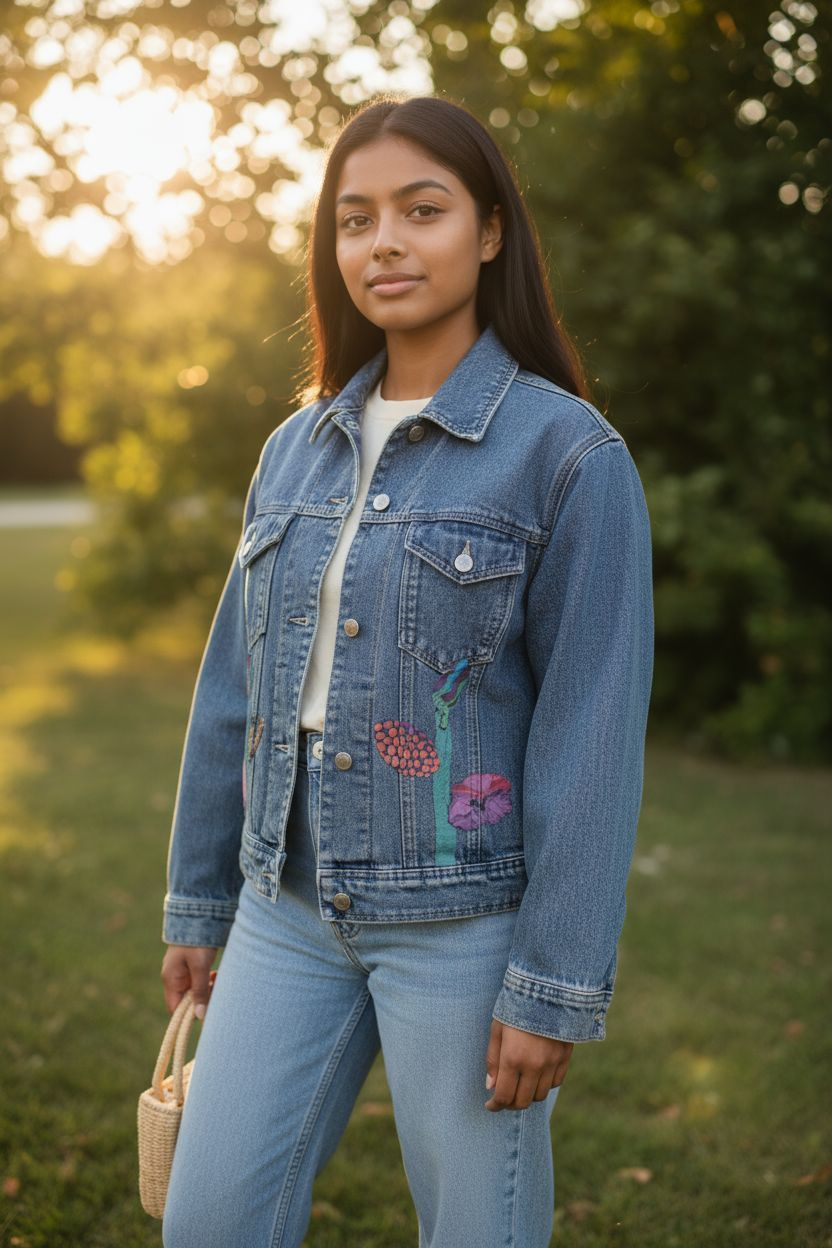 Upcycled Denim Jacket with Designer Leaf Applique Size Medium
