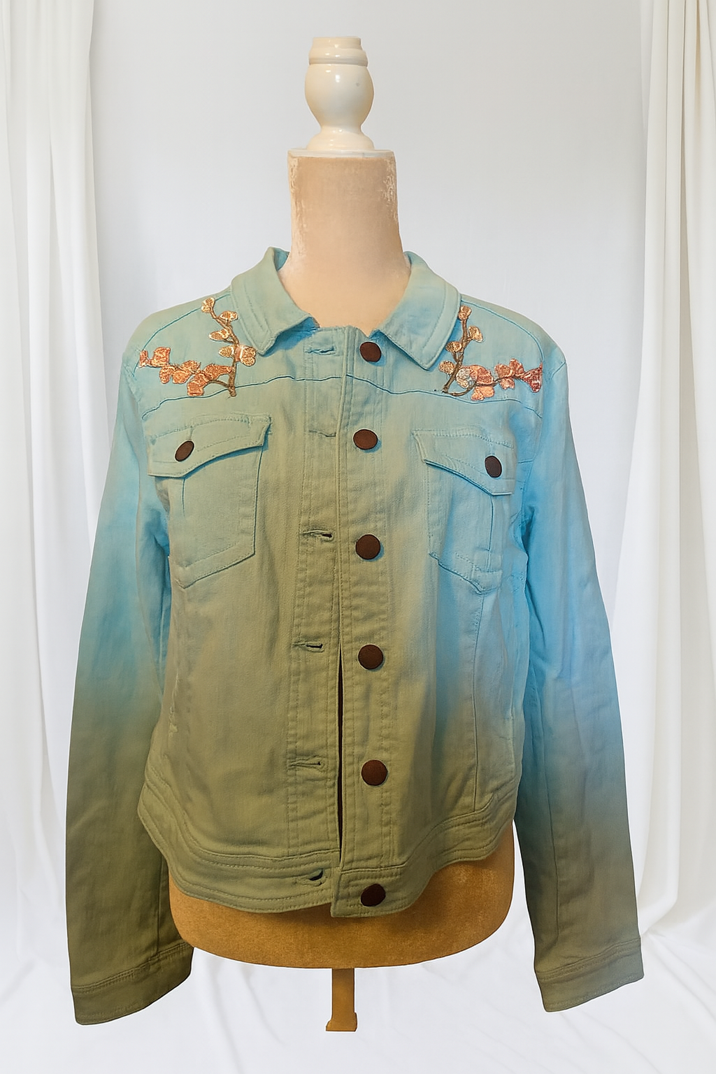 Upcycled Sage Green Denim Jacket with Pastel Flowers Size XL