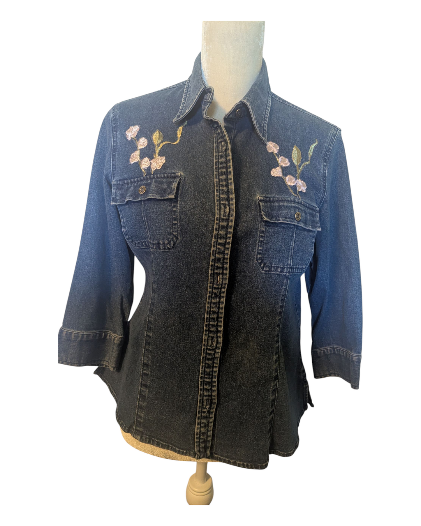 Upcycled Shirt Weight Denim Jacket with Pastel florals Size Medium
