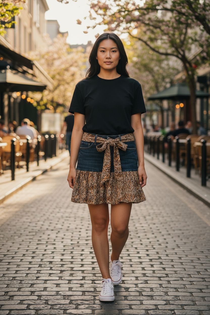 Upcycled Denim Skirt with Tiger Print ruffles Size 14