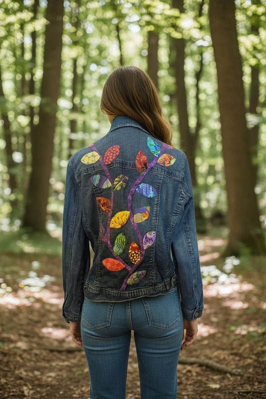 Upcycled Denim Jacket Size Med with Hand Applique Leaves