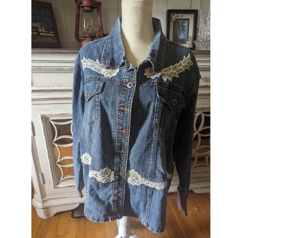Upcycled Denim Jacket with Lace Applique  2XL