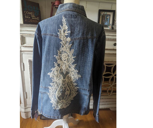 Upcycled Denim Jacket with Lace Applique  2XL