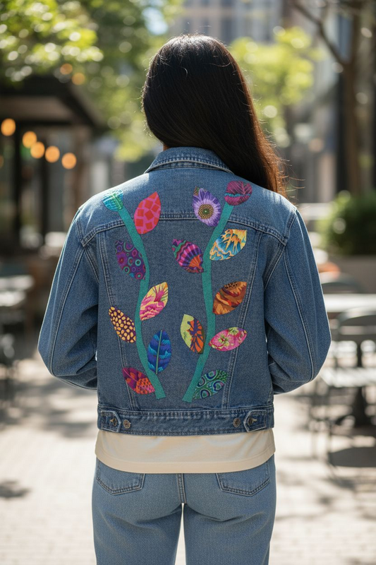 Upcycled Denim Jacket with Designer Leaf Applique Size Medium