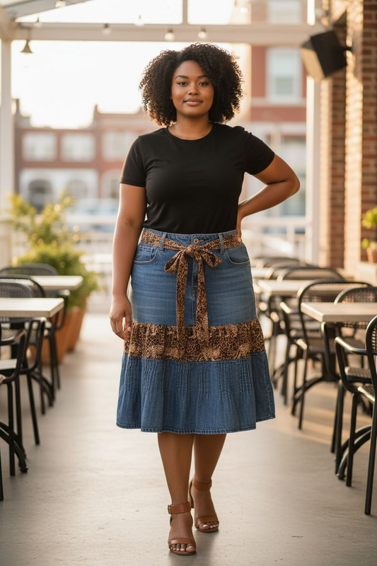 Upcycled Denim Skirt with Leopard print Size 12