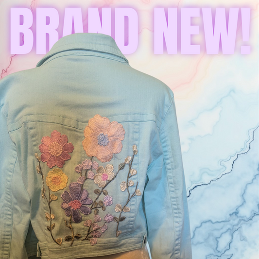 Upcycled Sage Green Denim Jacket with Pastel Flowers Size XL