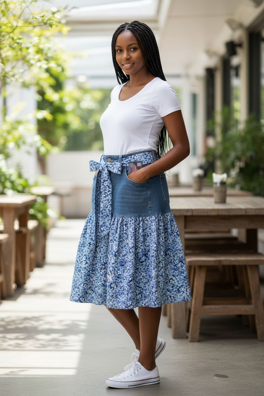 Upcycled Denim Skirt with Blue Floral Ruffle Size 10
