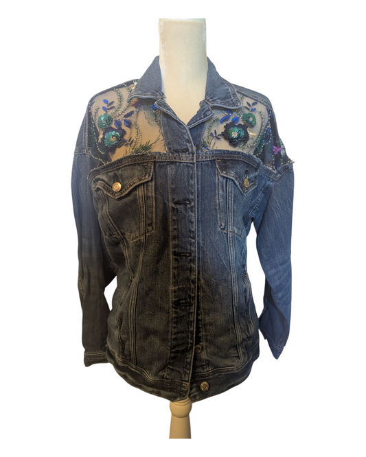 Upcycled Denim Jacket with Sheer sequin panels Size Med