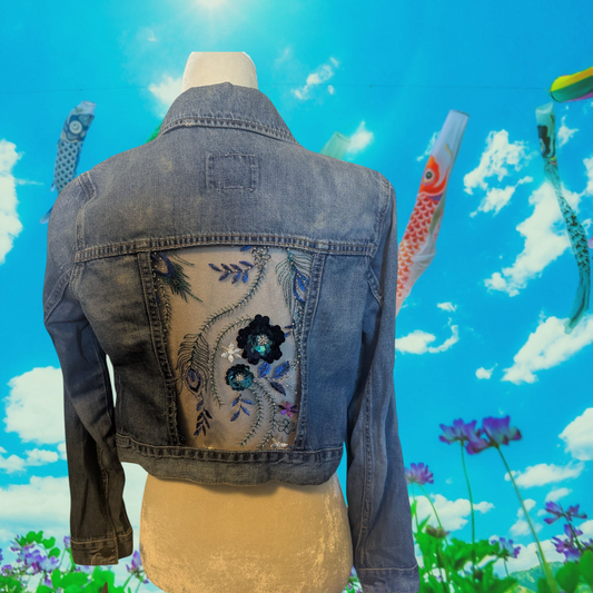 Upcycled Denim Jacket with Blue Sequin Sheer Panels Size XS