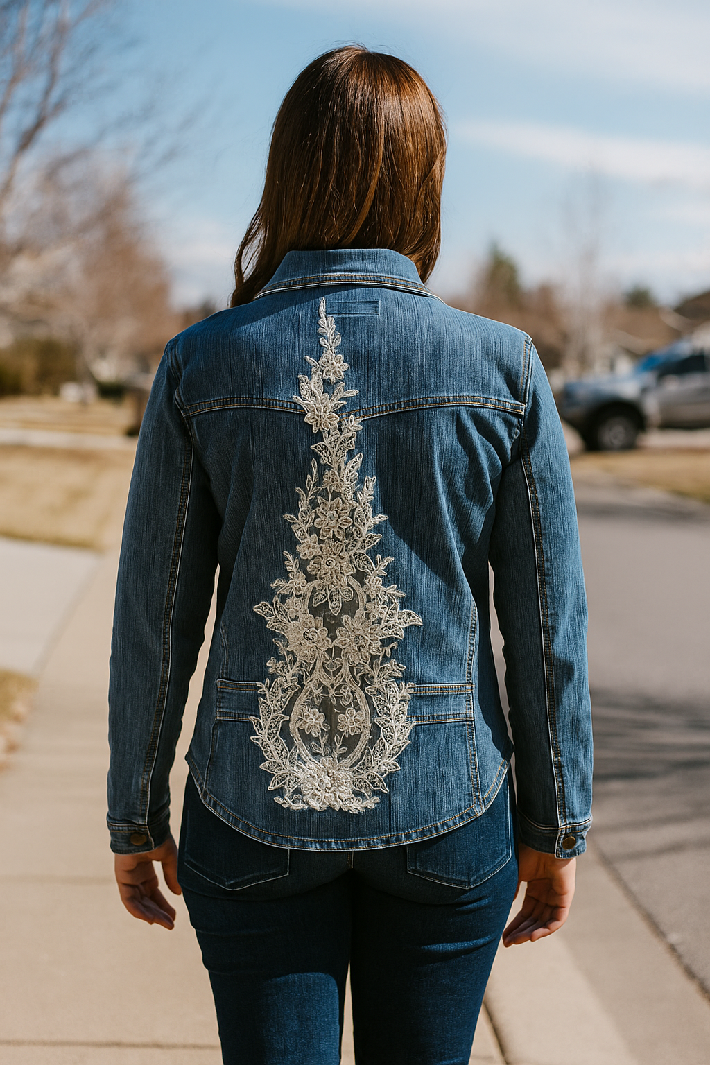 Upcycled Denim Jacket with Lace Applique  2XL