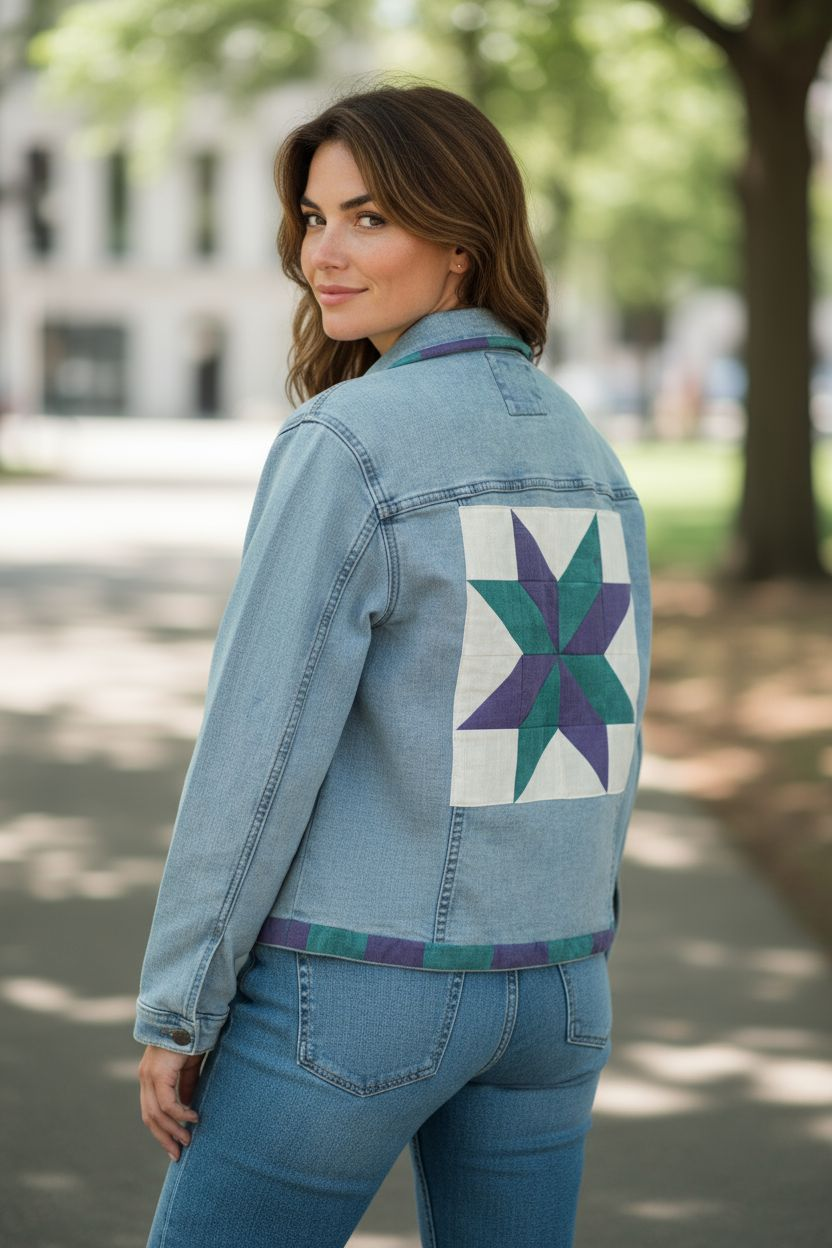 Upcycled Denim Jacket with Lemoyne Star Applique Size 16/18