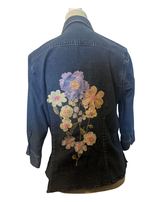 Upcycled Shirt Weight Denim Jacket with Pastel florals Size Medium