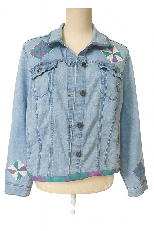 Upcycled Denim Jacket with Lemoyne Star Applique Size 16/18