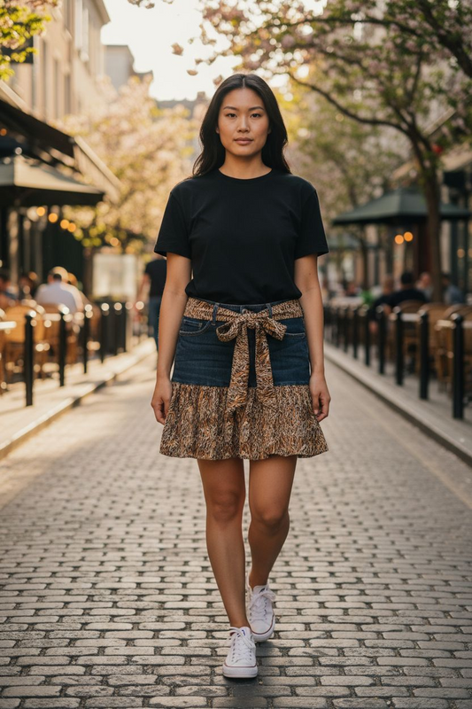 Upcycled Denim Skirt with Tiger Print ruffles Size 14